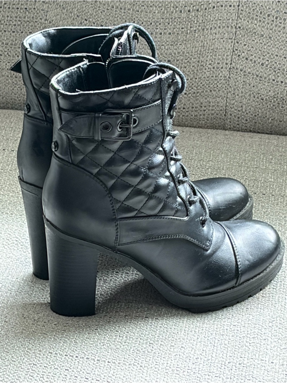 Guess Black Quilted Lace-Up Block Heel Ankle Booties